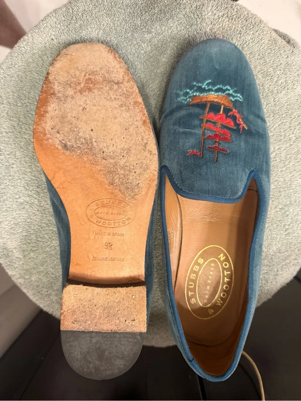 Stubbs & Wootton Blue Velvet Embroidered Smoking Loafers Men’s 9.5 Made Spain